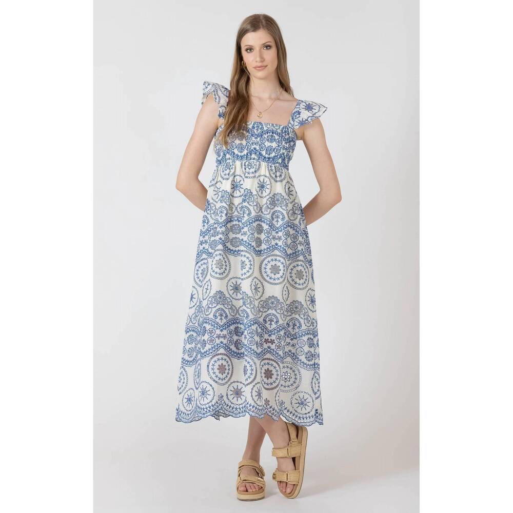 NEW DEX sweet days embroidered dress in cream blue